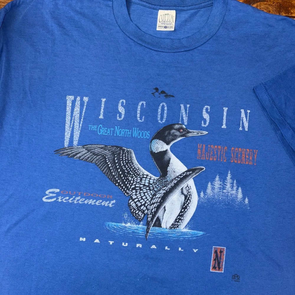 Vintage Cotton Grove T-Shirt Mens 2X Blue Wisconsin Loon Nature Graphic 1993 USA